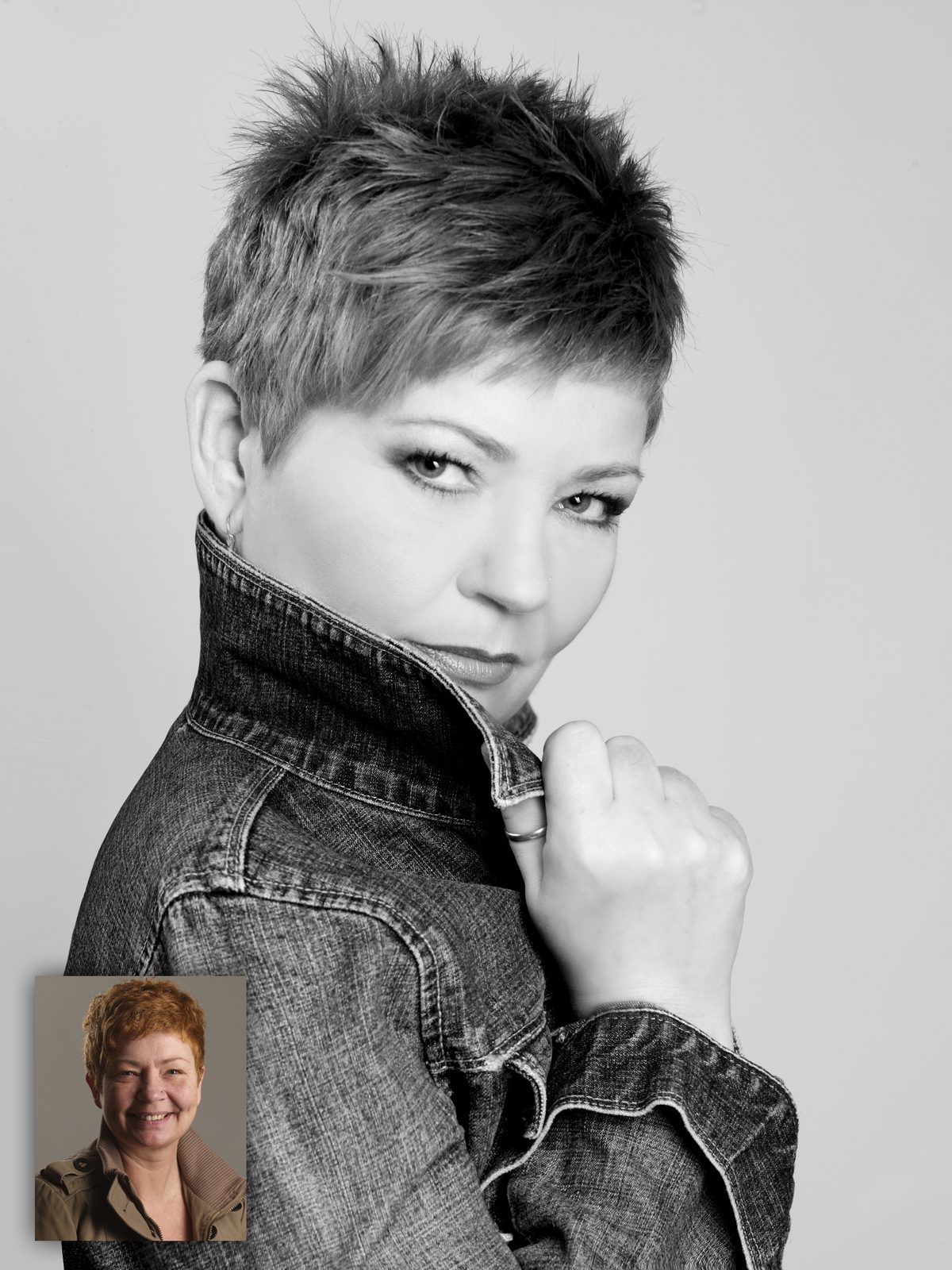 Black-and-white portrait of a woman with short hair, before-photo inset at lower left
