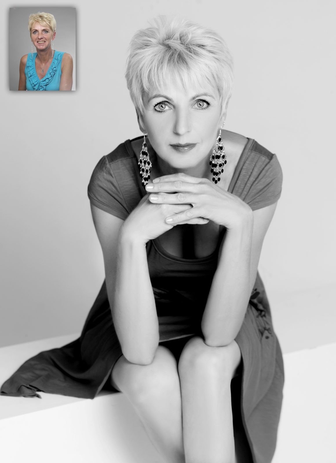 Seated woman in black and white with earrings, small color inset top left